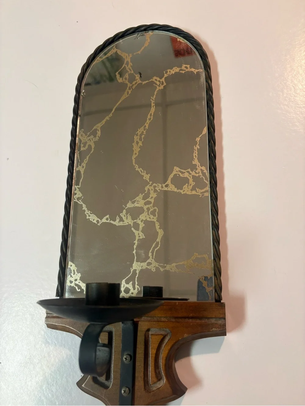 Vintage Unique Wood & Metal Wall Hanging Sconce With Gold Vein Mirror Arched